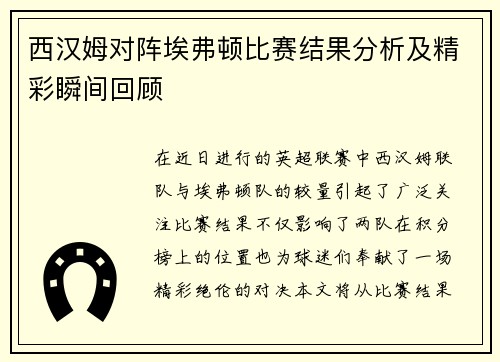 西汉姆对阵埃弗顿比赛结果分析及精彩瞬间回顾