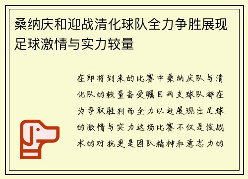 桑纳庆和迎战清化球队全力争胜展现足球激情与实力较量